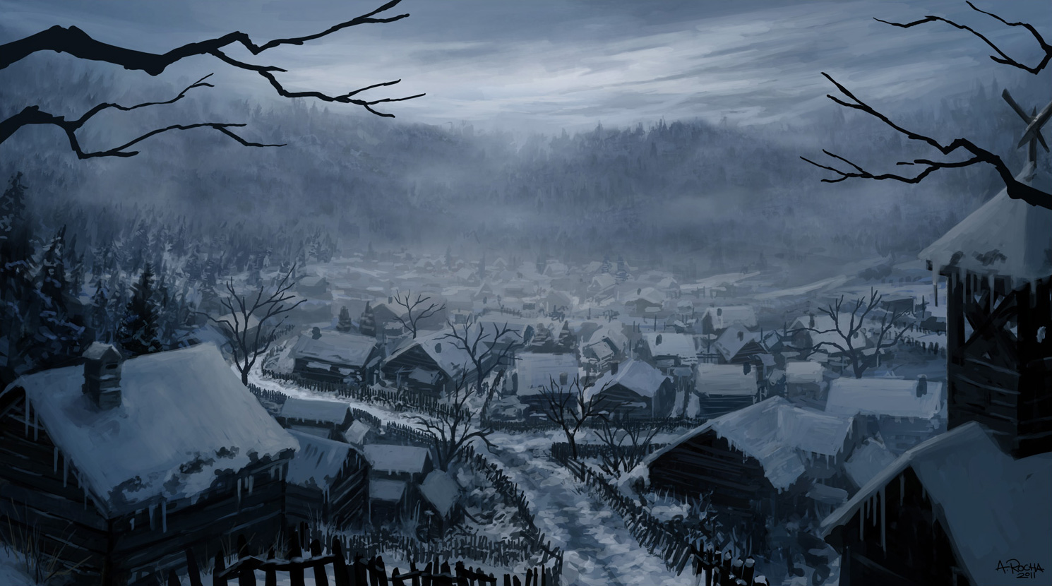 Imagem do podcast TESTE 1 do RPG Next - Vila medieval coberta com neve nos telhados no fim do dia