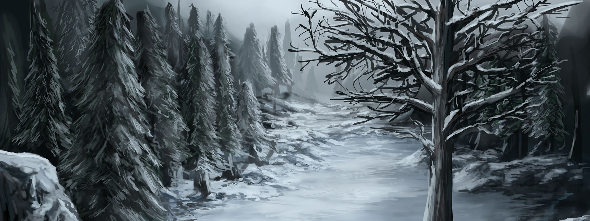 Imagem do podcast TESTE 4 do RPG Next - Trilha cheia de neve entre árvores da floresta