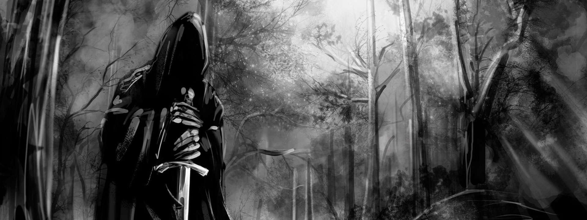 Imagem do podcast TESTE 8 do RPG Next - ser encapuzado segurando uma espada no meio da floresta