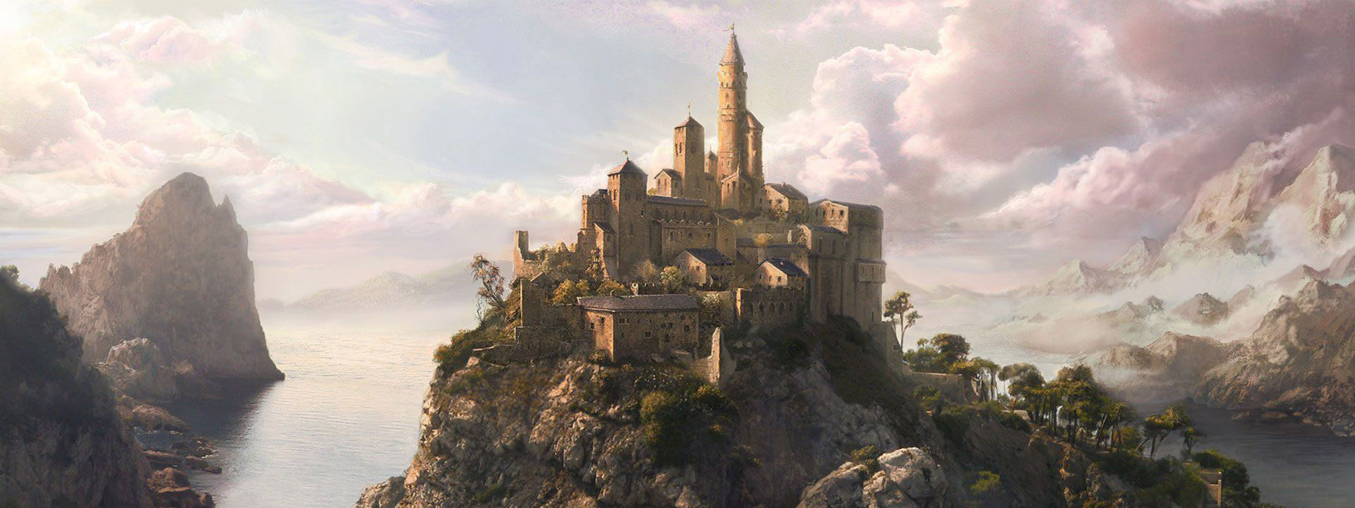 Imagem dos contos narrados com um castelo em uma montanha
