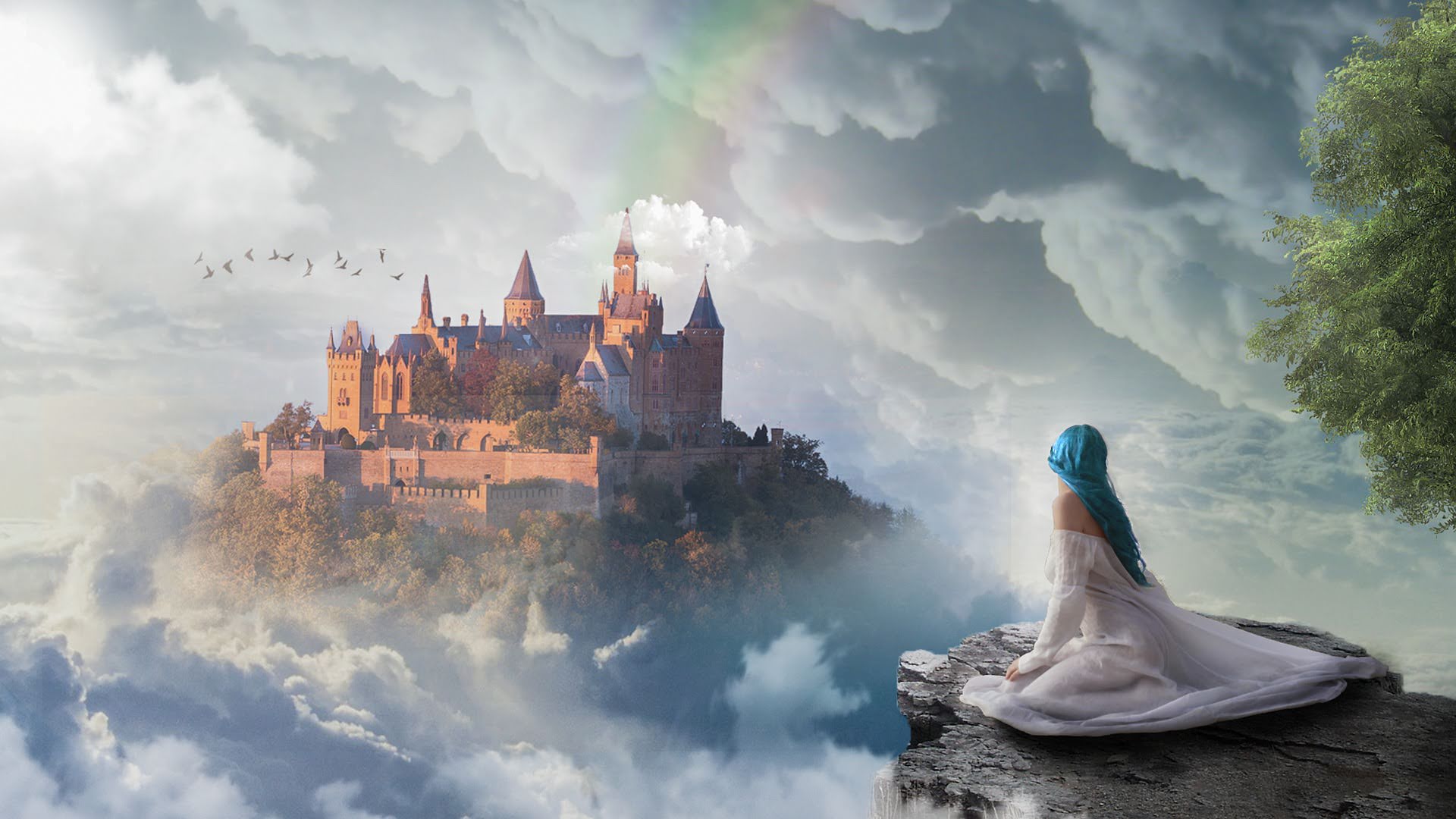 A imagem possui uma elfa com cabelos azuis em destaque, olhando mais ao fundo uma cidade nas nuvens.