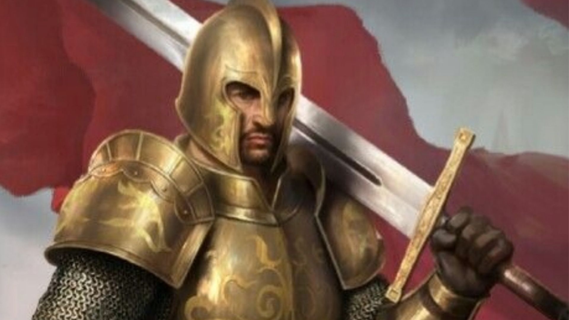 Um cavaleiro, em armadura de bronze com uma grande espada escorada no ombro