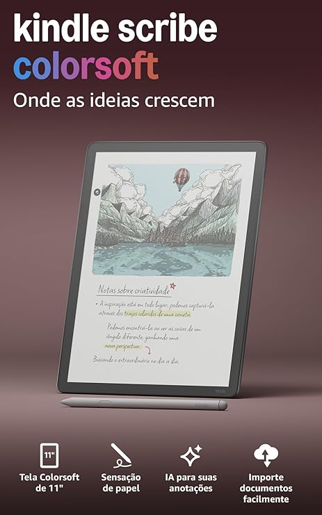 Amazon Kindle Scribe Colorsoft 64GB – Tela colorida de 11" semelhante ao papel, com luz frontal — Fino, leve, potente — Escreva em cadernos, documentos e livros - Grafite