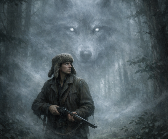 Lone caminhando na floresta, o espírito do Lobo o observa ao fundo